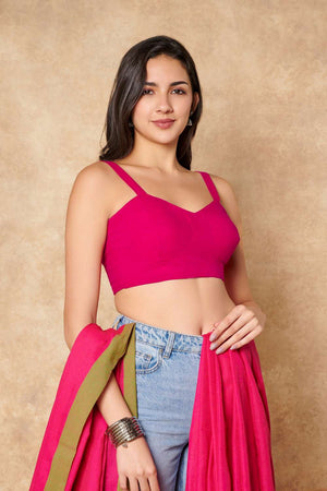 Pink Solid Cotton Sweetheart Neck Blouse