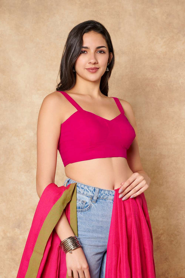 Pink Solid Cotton Sweetheart Neck Blouse