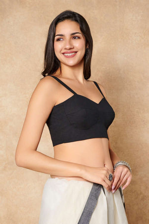 Black Solid Cotton Sweetheart Neck Blouse