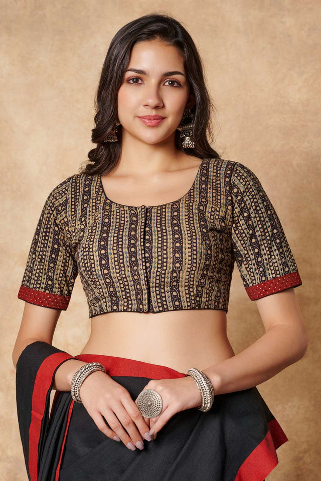 Beige Printed Cotton Round Neck Blouse