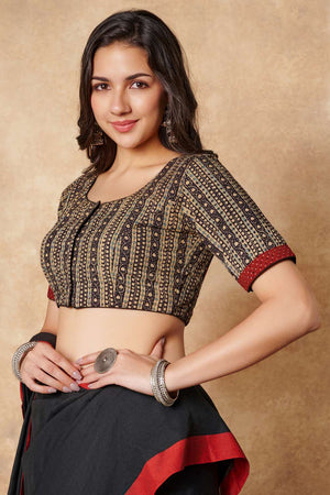 Beige Printed Cotton Round Neck Blouse