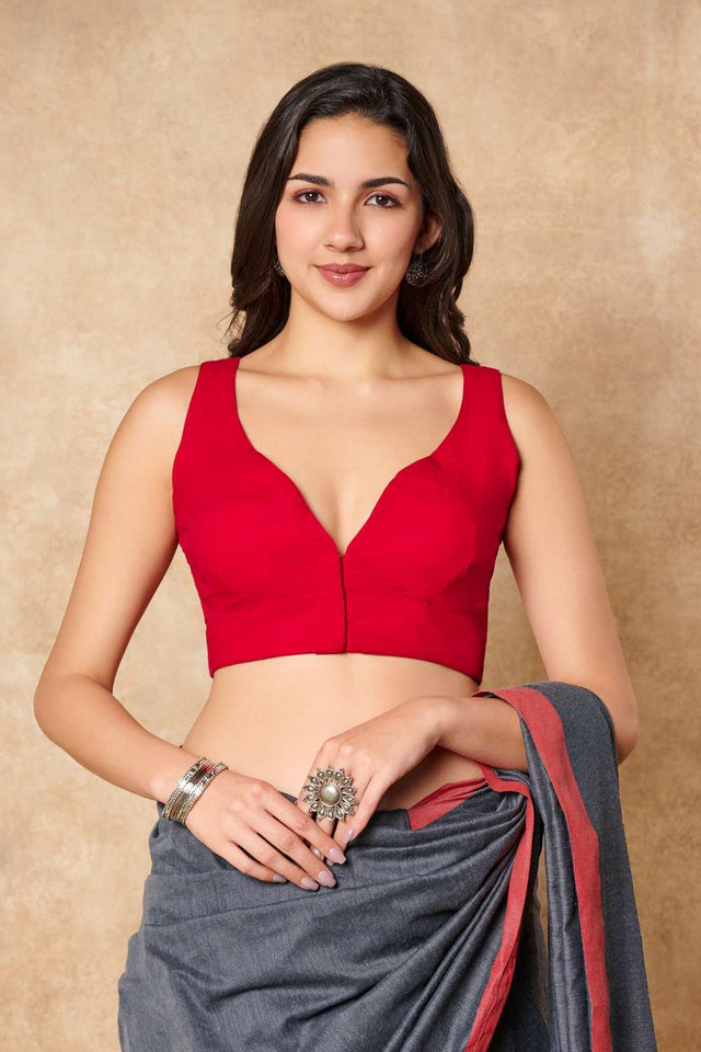 Red Solid Cotton Sweetheart Neck Blouse