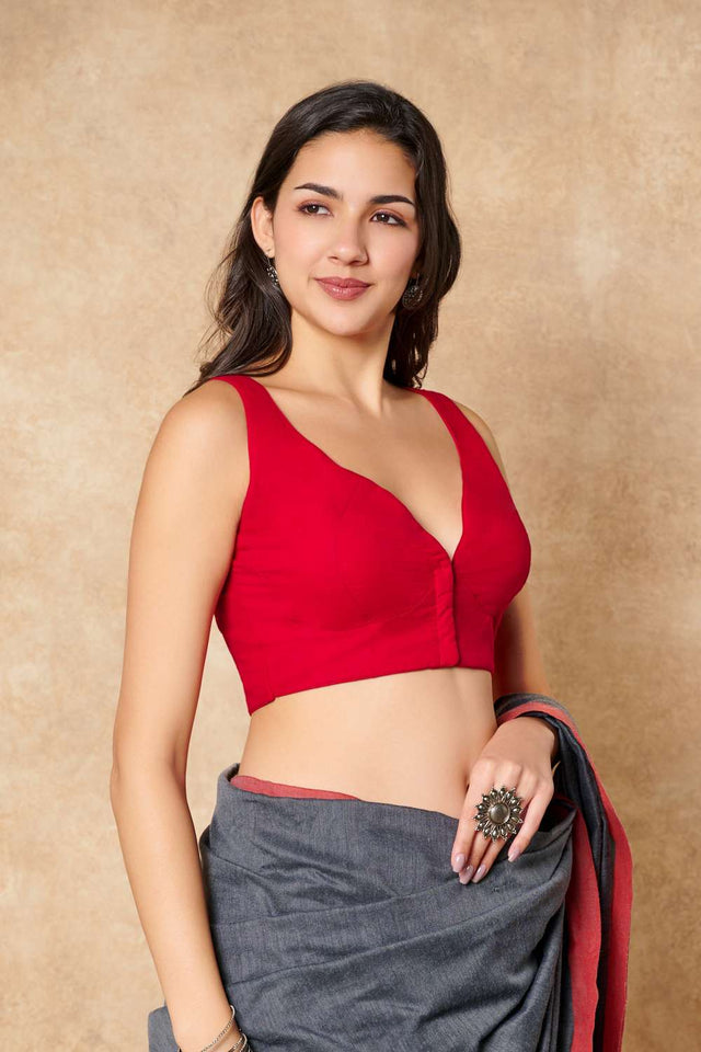Red Solid Cotton Sweetheart Neck Blouse