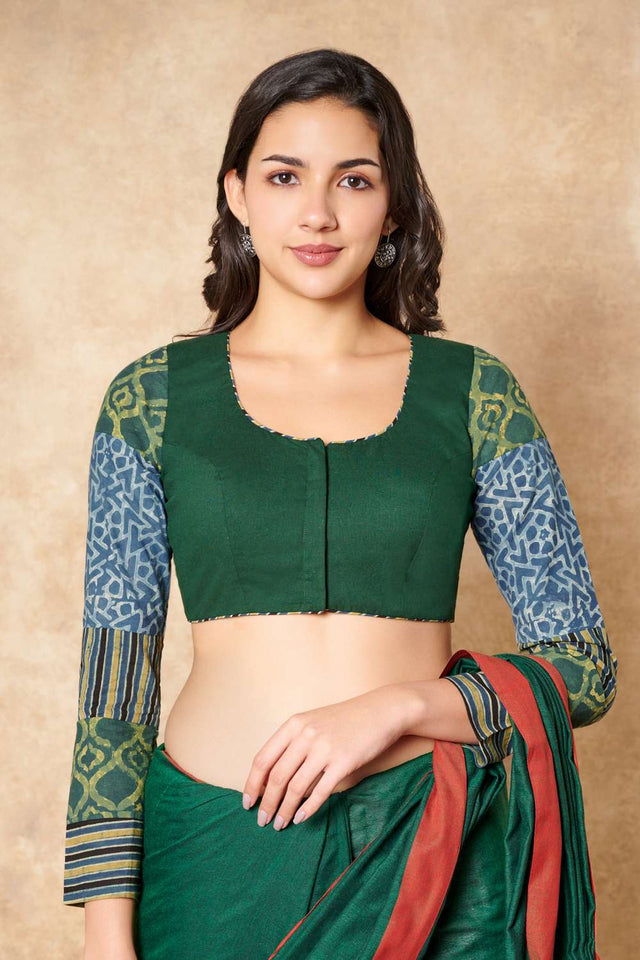 Green Ajrakh Printed Cotton Round Neck Blouse