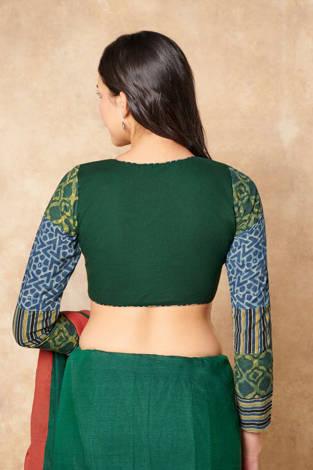 Green Ajrakh Printed Cotton Round Neck Blouse