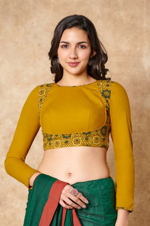 Yellow Ajrakh Printed Cotton Round Neck Blouse