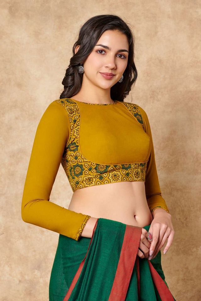Yellow Ajrakh Printed Cotton Round Neck Blouse
