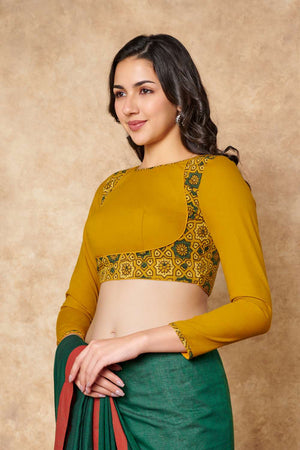 Yellow Ajrakh Printed Cotton Round Neck Blouse