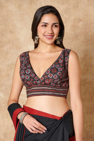 Black Ajrakh Printed Cotton V Neck Blouse