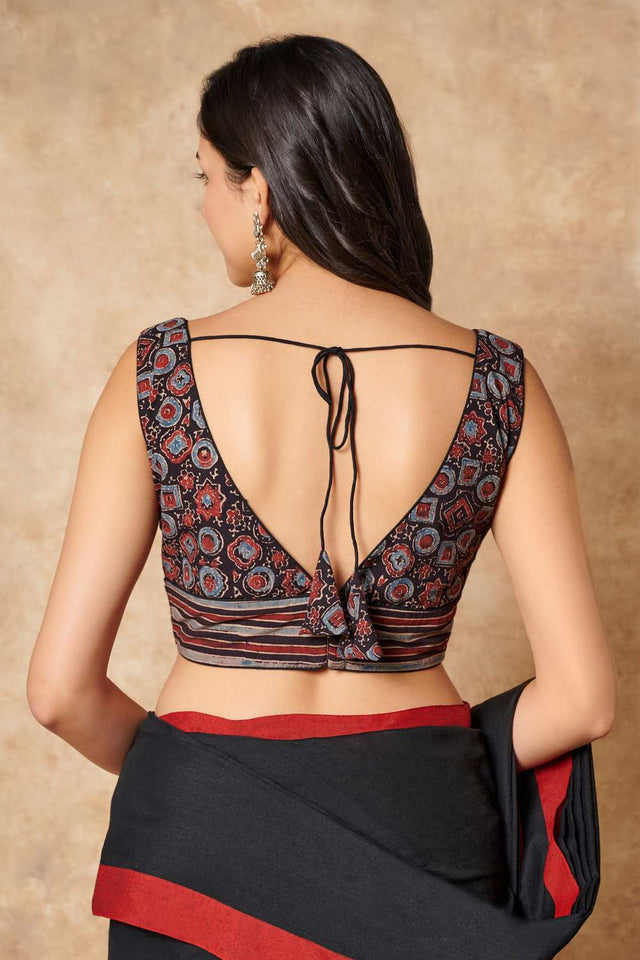 Black Ajrakh Printed Cotton V Neck Blouse