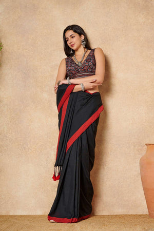 Black Ajrakh Printed Cotton V Neck Blouse