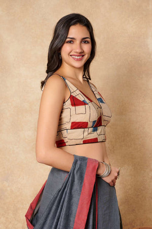 Beige Geometric Printed Cotton V Neck Blouse