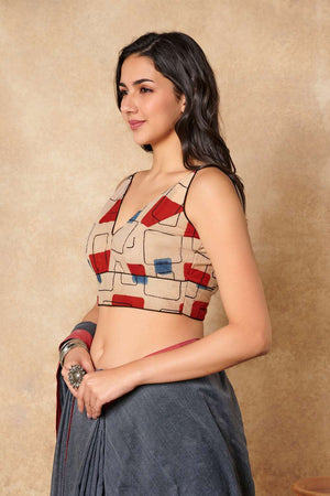 Beige Geometric Printed Cotton V Neck Blouse