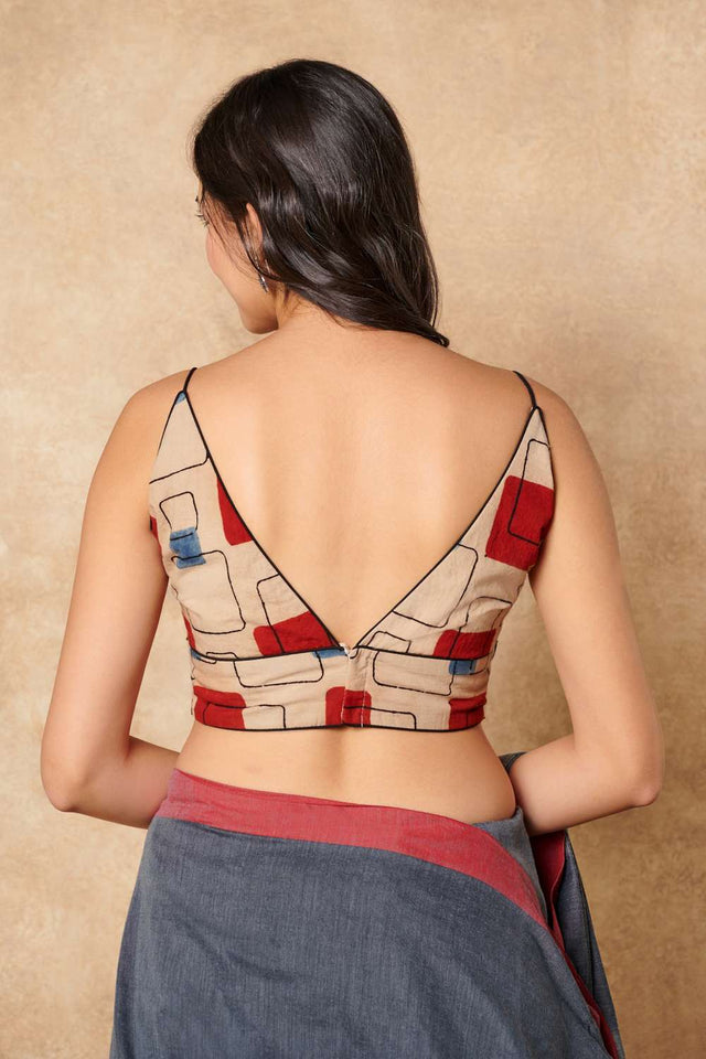 Beige Geometric Printed Cotton V Neck Blouse