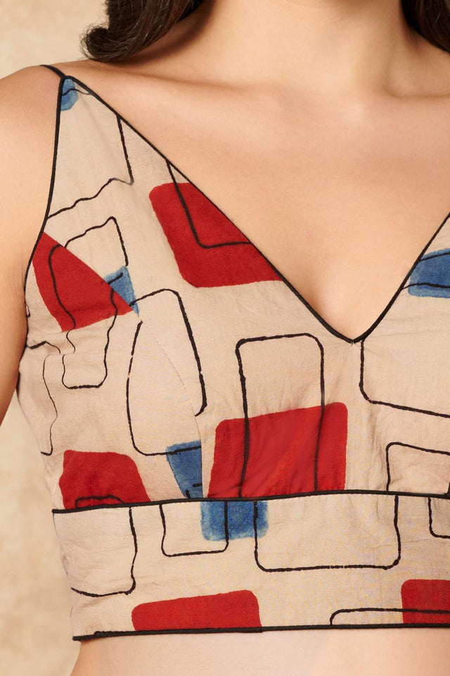 Beige Geometric Printed Cotton V Neck Blouse