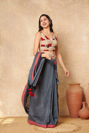 Beige Geometric Printed Cotton V Neck Blouse