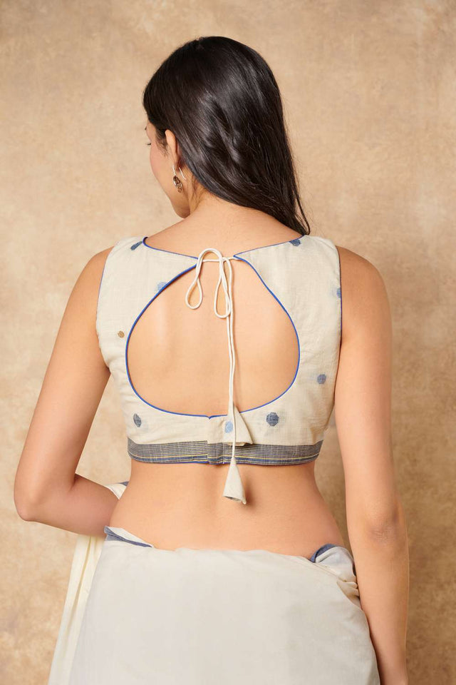 Off White Polka Dot Cotton Boat Neck Blouse