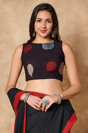 Black Polka Dot Cotton Round Neck Blouse