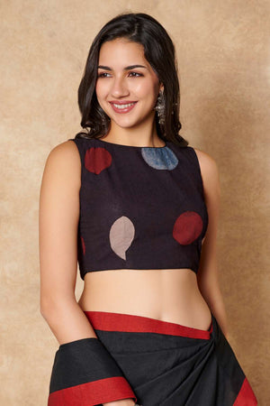 Black Polka Dot Cotton Round Neck Blouse