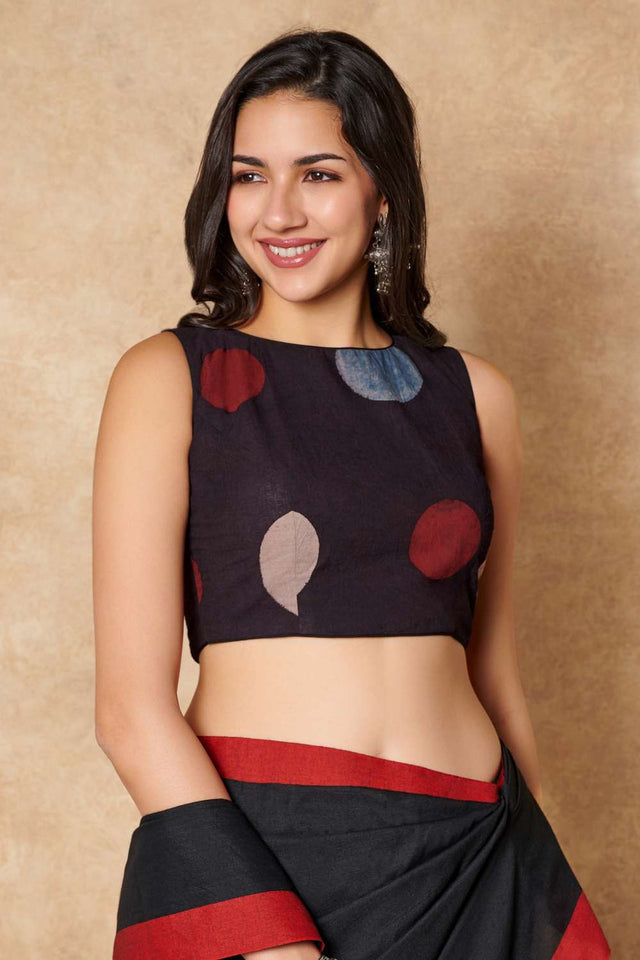 Black Polka Dot Cotton Round Neck Blouse