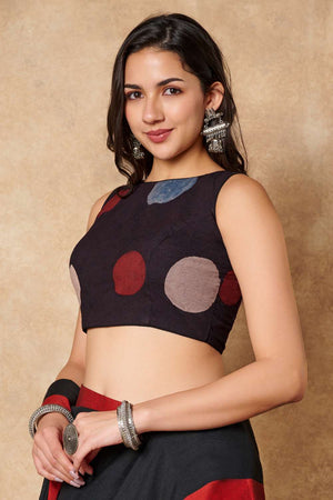 Black Polka Dot Cotton Round Neck Blouse