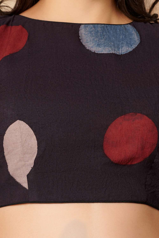 Black Polka Dot Cotton Round Neck Blouse