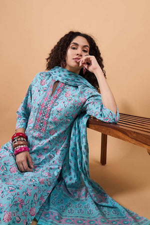 Women's Blue Cotton Printed Kurti Pant Set
