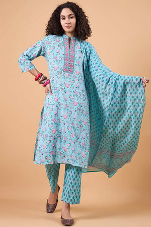 Women's Blue Cotton Printed Kurti Pant Set
