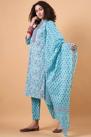 Women's Blue Cotton Printed Kurti Pant Set