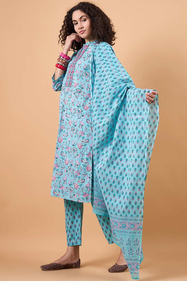 Women's Blue Cotton Printed Kurti Pant Set