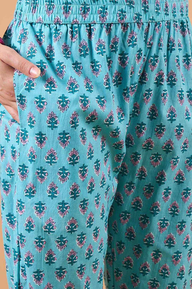 Women's Blue Cotton Printed Kurti Pant Set