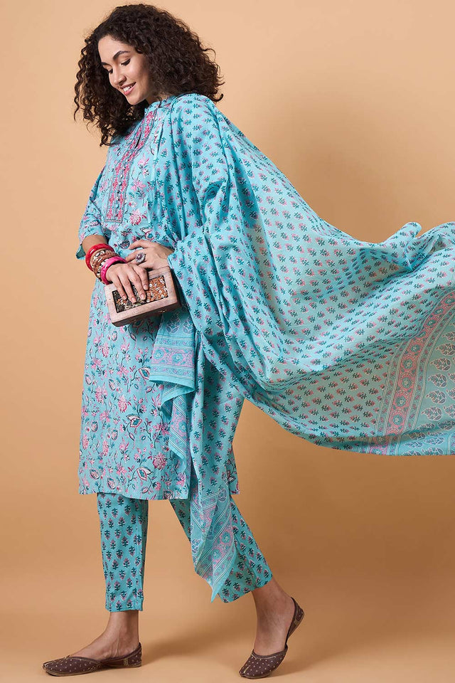 Women's Blue Cotton Printed Kurti Pant Set