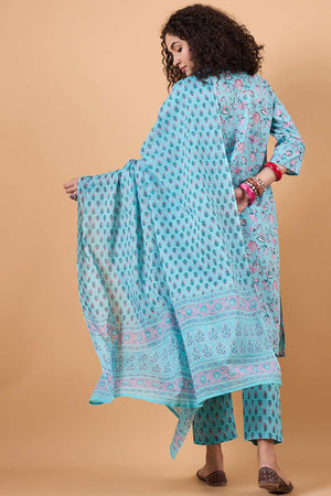 Women's Blue Cotton Printed Kurti Pant Set