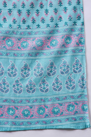 Women's Blue Cotton Printed Kurti Pant Set