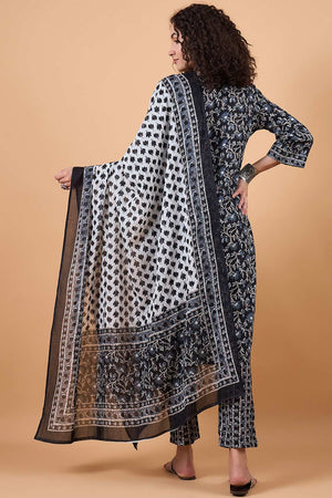 Women's Black Cotton Printed Kurti Pant Set