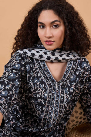 Women's Black Cotton Printed Kurti Pant Set