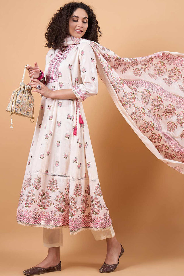 Women's White Cotton Printed Kurti Pant Set