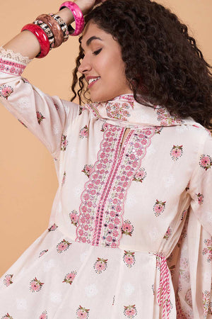 Women's White Cotton Printed Kurti Pant Set