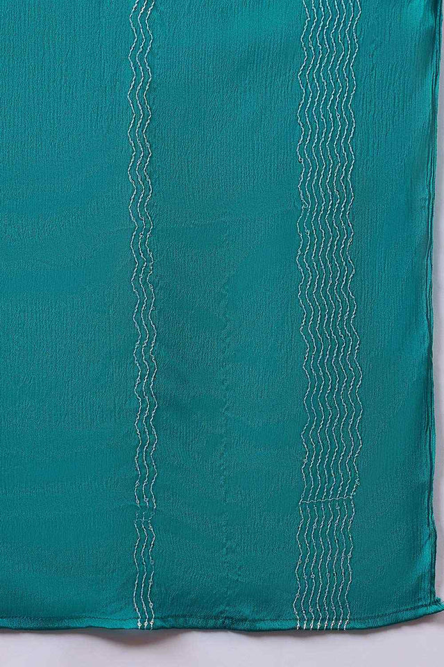 Women's Blue Chinon Printed Kurti Pant Set