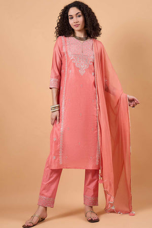 Women's Peach Silk Blend Printed Kurti Pant Set