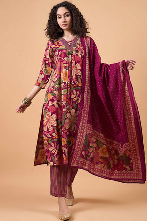 Women's Maroon Silk Blend Printed Kurti Pant Set