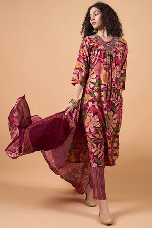 Women's Maroon Silk Blend Printed Kurti Pant Set