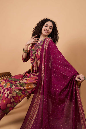 Women's Maroon Silk Blend Printed Kurti Pant Set