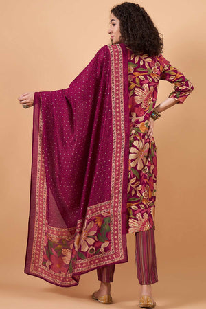 Women's Maroon Silk Blend Printed Kurti Pant Set