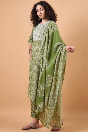 Women's Green Cotton Printed Kurti Pant Set