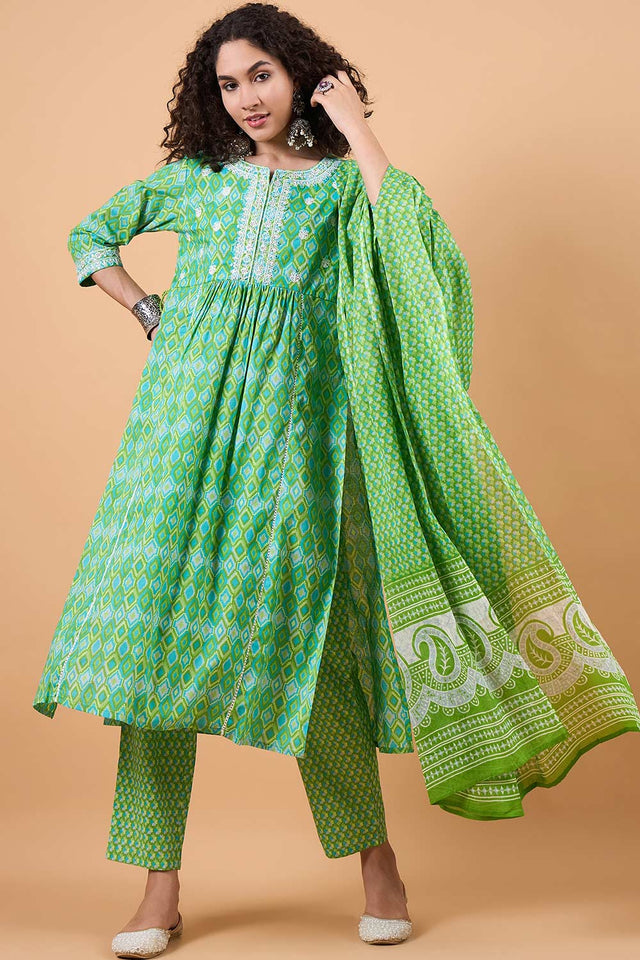 Women's Green Cotton Printed Kurti Pant Set