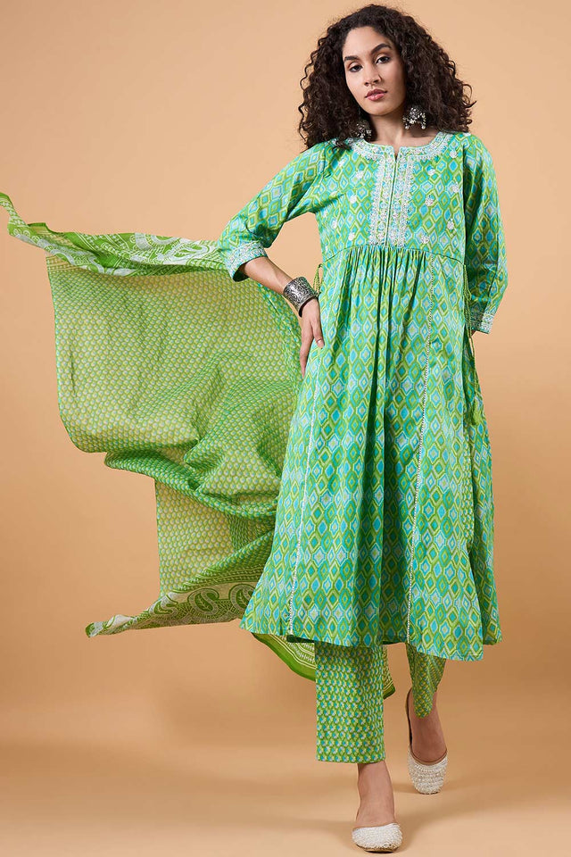 Women's Green Cotton Printed Kurti Pant Set