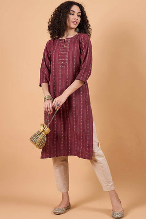 Women's Maroon Cotton Printed Kurti Pant Set