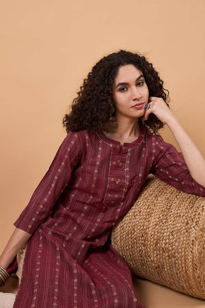 Women's Maroon Cotton Printed Kurti Pant Set
