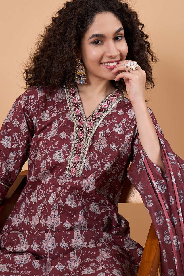 Women's Maroon Cotton Printed Kurti Pant Set